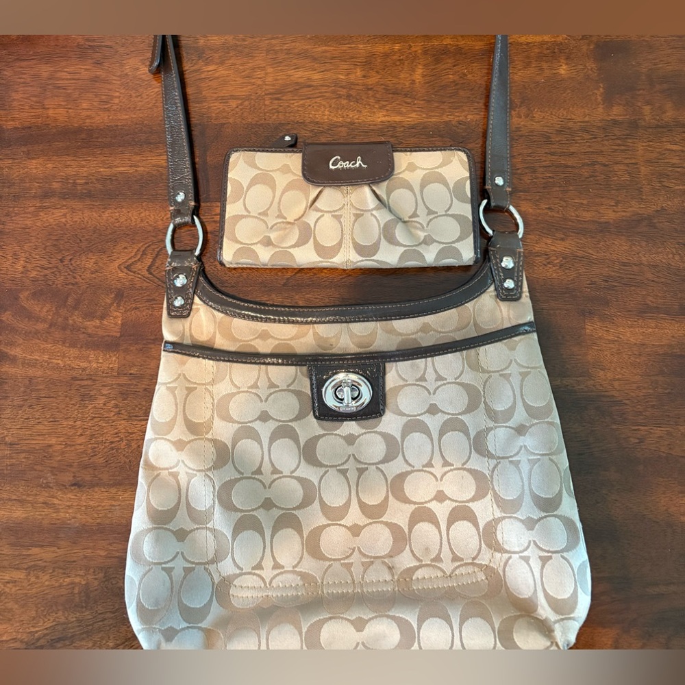Coach Beige and Brown Signature Shoulder Bag and Matching Wallet